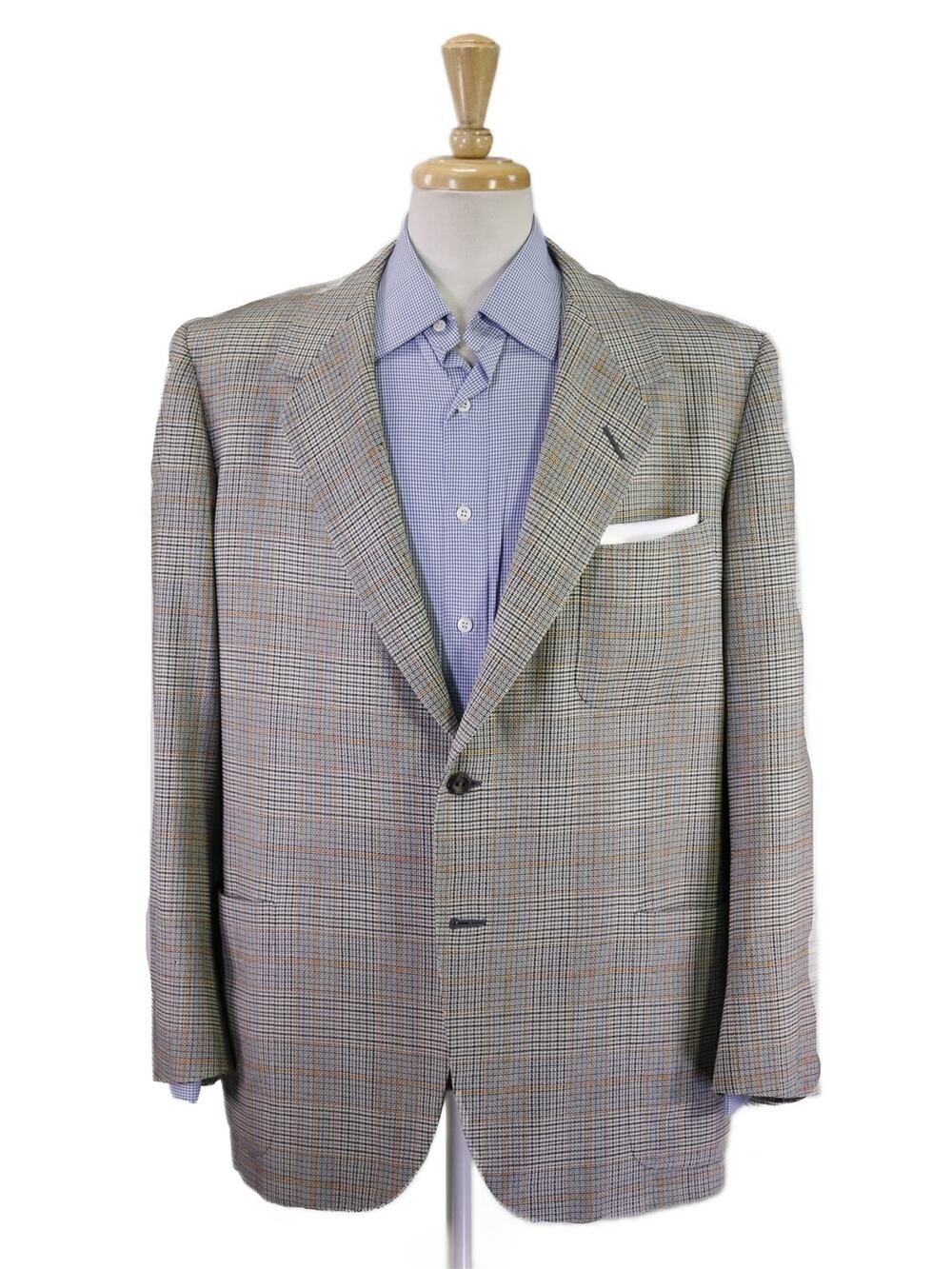 Oxxford Vintage 70s 80s Blue Orange Check 2B Wool Pack Pocket Blazer Jacket 46R